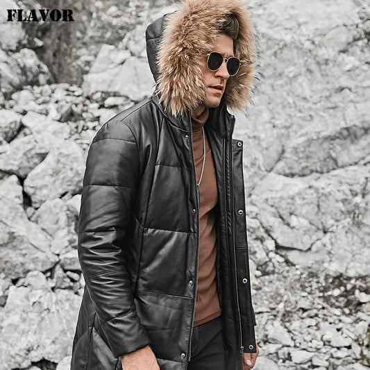 FLAVOR Men's Hooded Sheepskin Leather Winter Coat
