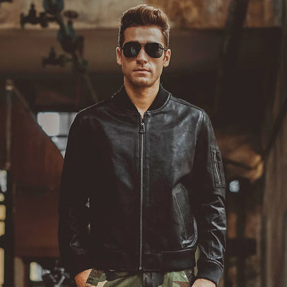 FLAVOR Men's Black Pigskin Leather Moto-Style Jacket