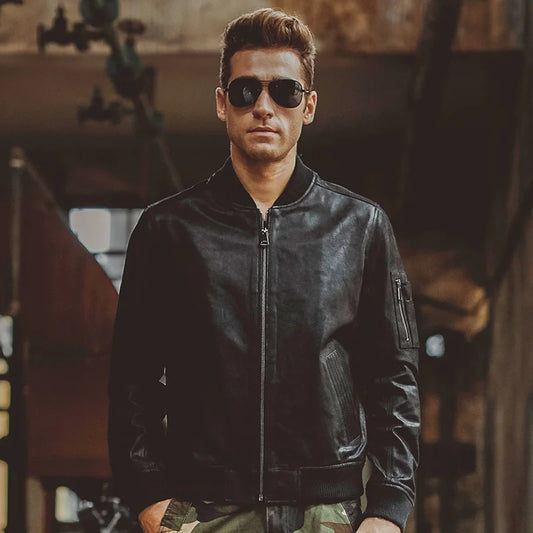 FLAVOR Men's Black Pigskin Leather Moto-Style Jacket