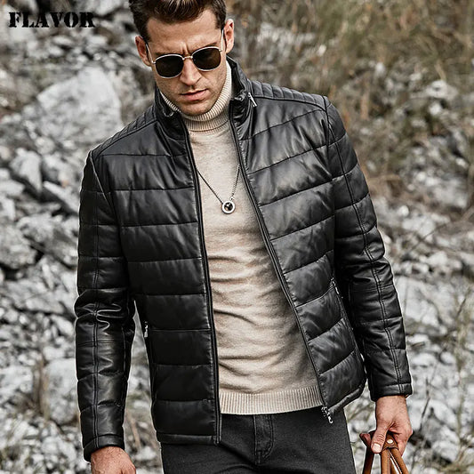 FLAVOR Men's Stand-Collar Sheepskin Leather Jacket