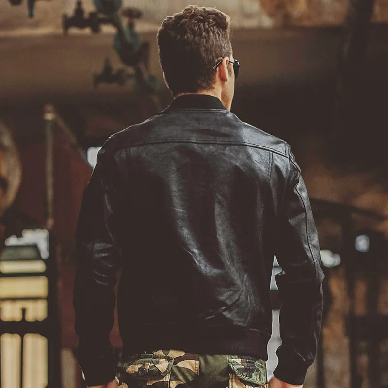 FLAVOR Men's Black Pigskin Leather Moto-Style Jacket