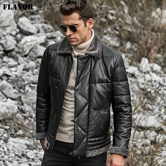 FLAVOR Men's Sheepskin Leather Jacket with Fur Collar