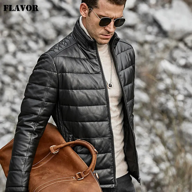 FLAVOR Men's Stand-Collar Sheepskin Leather Jacket