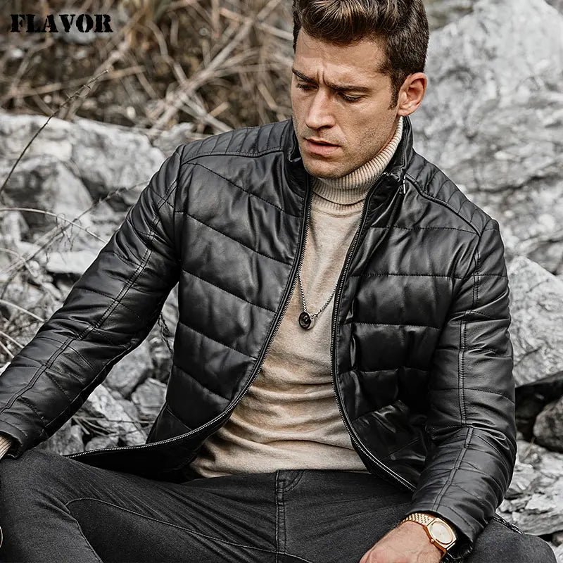 FLAVOR Men's Stand-Collar Sheepskin Leather Jacket
