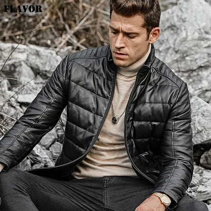 FLAVOR Men's Stand-Collar Sheepskin Leather Jacket