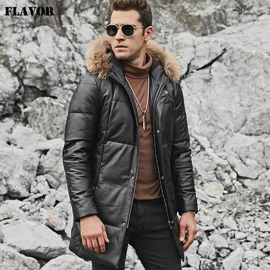 FLAVOR Men's Hooded Sheepskin Leather Winter Coat