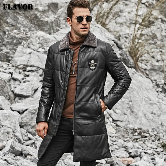 FLAVOR Men's Black Sheepskin Leather Winter Coat