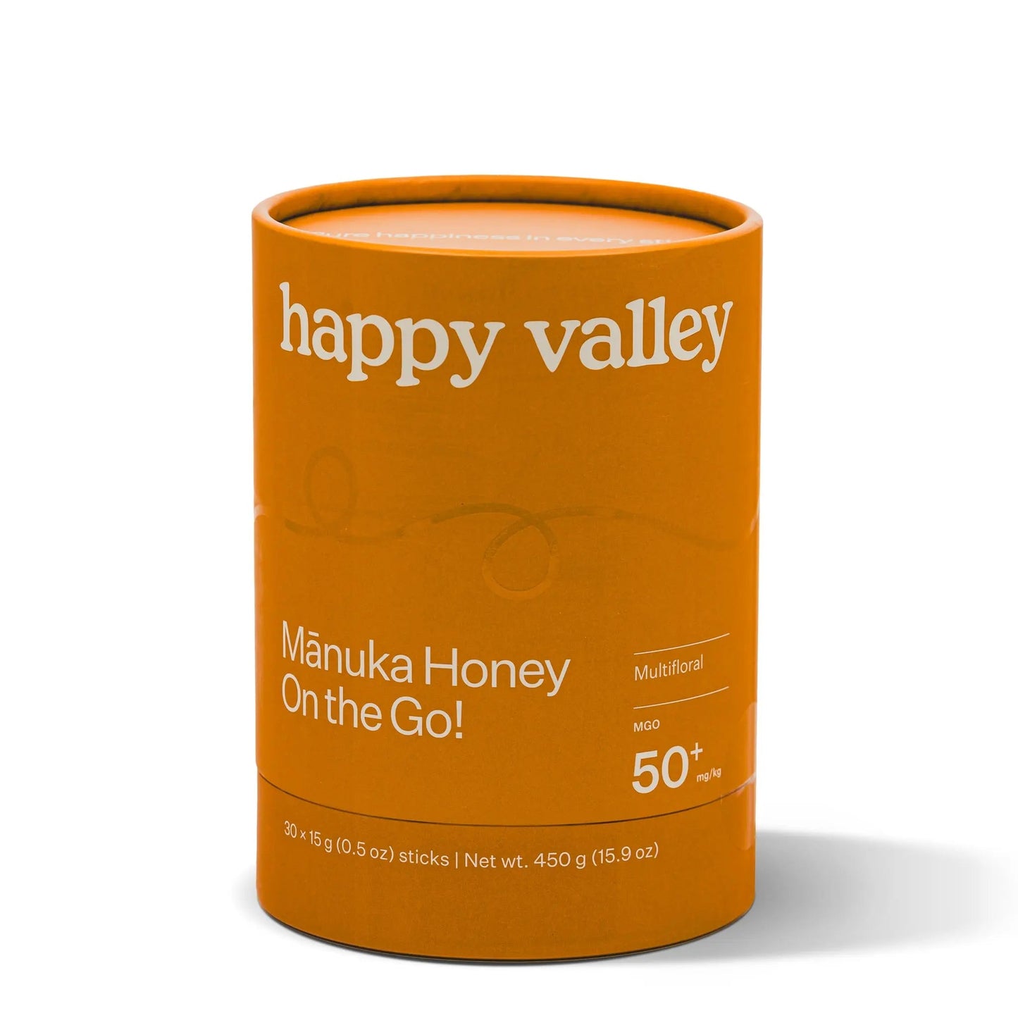 Pack of on-the-go multifloral Manuka honey sticks with MGO 50+ from Happy Valley Honey, featuring honey-filled sachets.