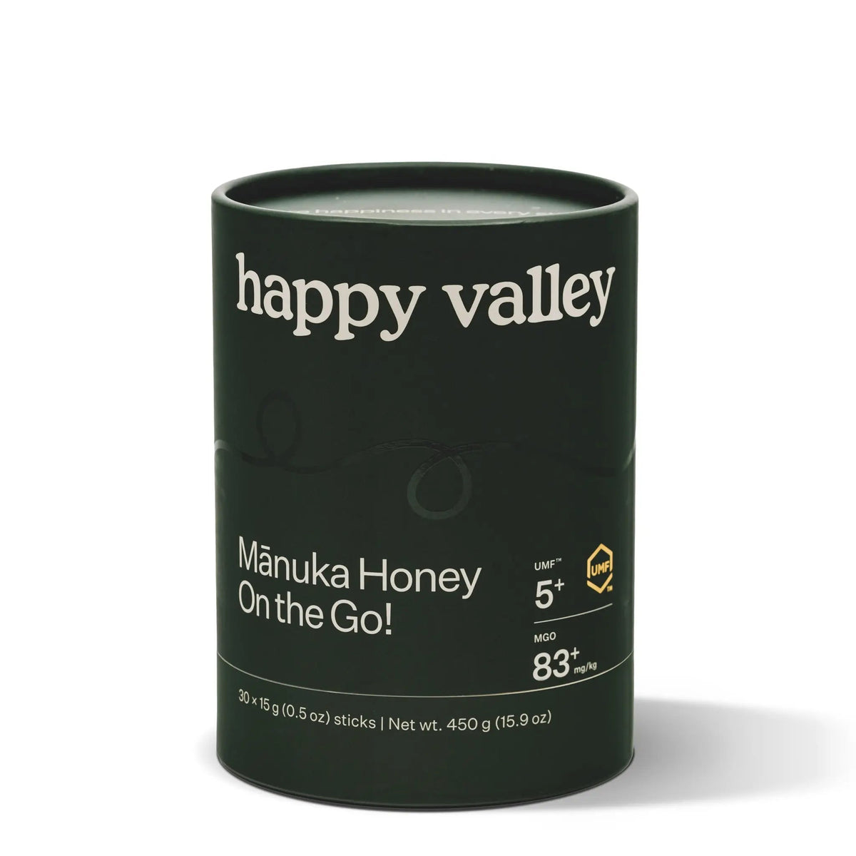 Jar of Happy Valley Honey UMF 5+ Mānuka Honey with golden color and honeycomb texture visible.