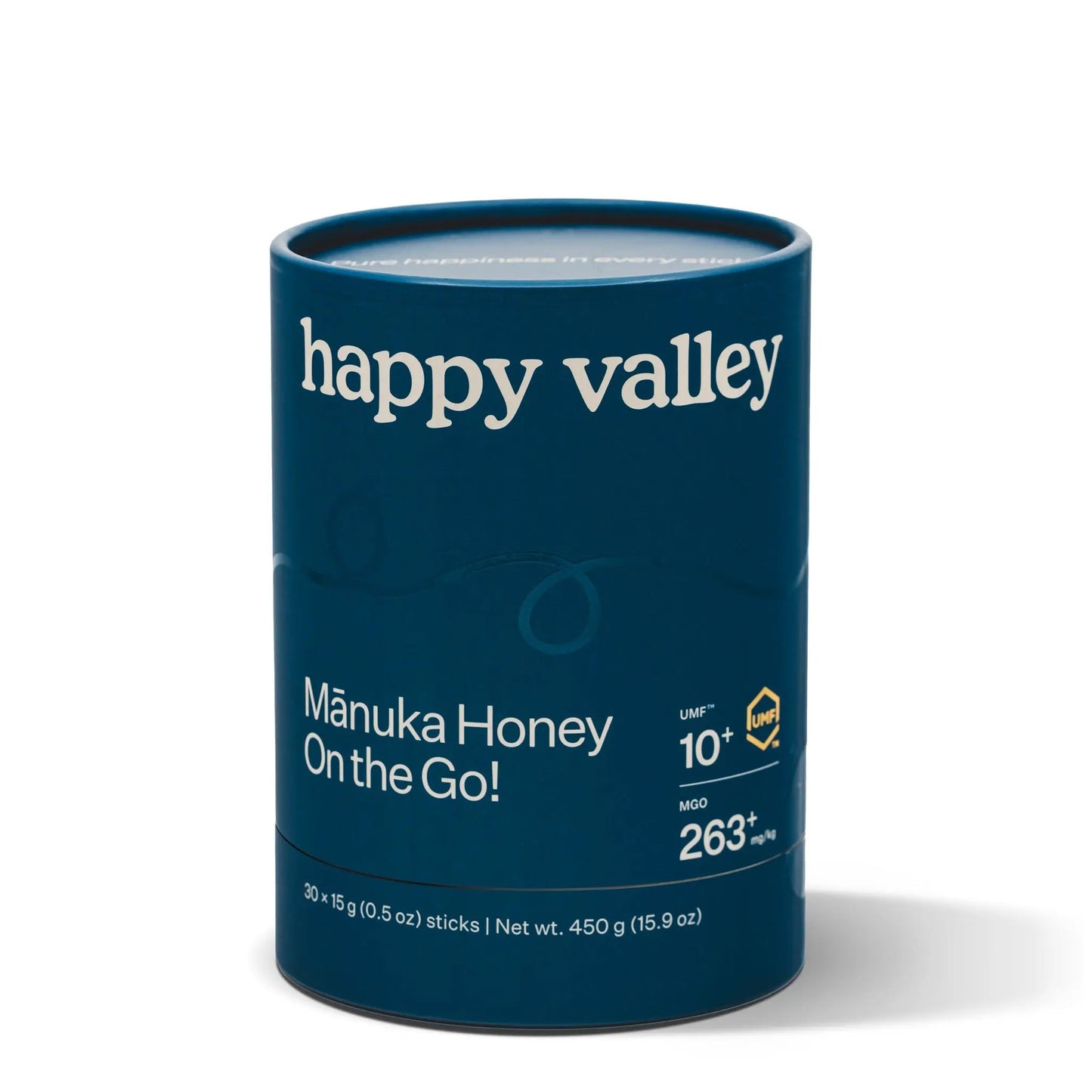 Pack of Happy Valley Honey Mānuka Honey sticks with UMF 10+ for on-the-go use, featuring natural Manuka honey in convenient packets.