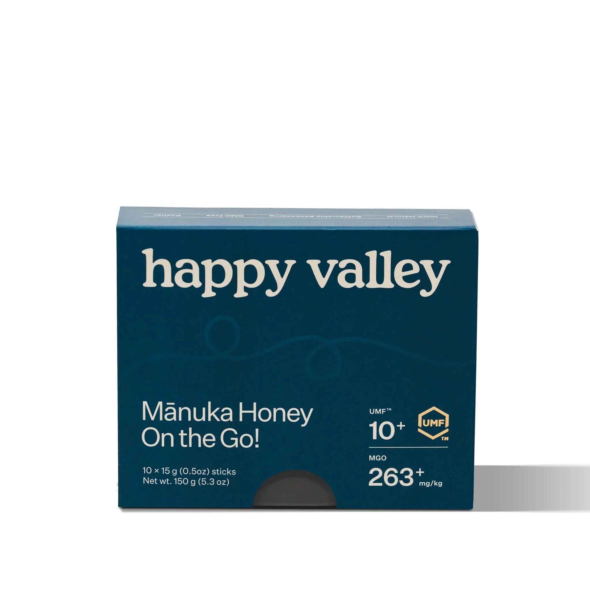 Manuka honey packets from Happy Valley Honey, UMF 10+ honey sticks for on-the-go natural sweetening.