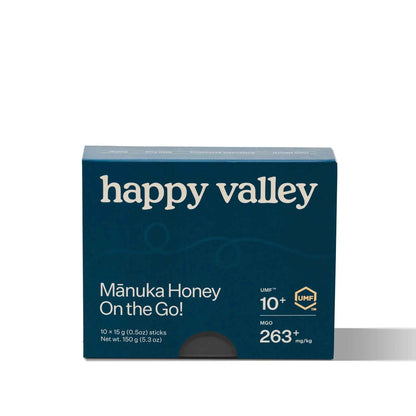 Manuka honey packets from Happy Valley Honey, UMF 10+ honey sticks for on-the-go natural sweetening.