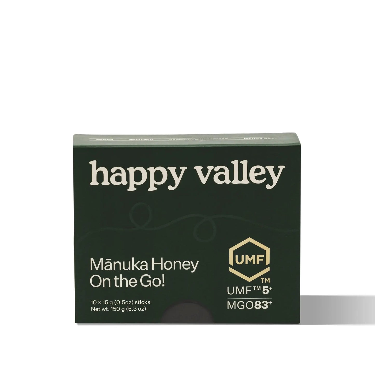 On-the-go Happy Valley Honey Packets with UMF 5+ Manuka Honey sticks, featuring individual honey sticks for convenient use.