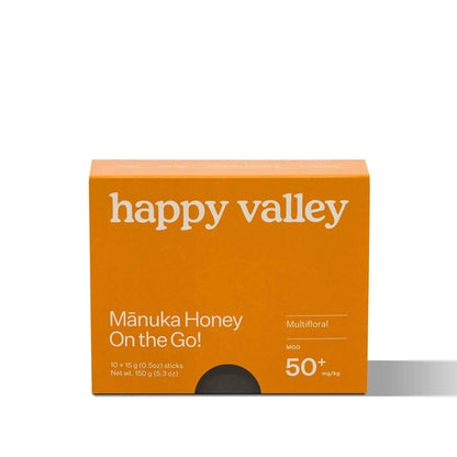 On-the-go Happy Valley Honey packets with multifloral Manuka honey sticks featuring MGO 50+ natural honey.