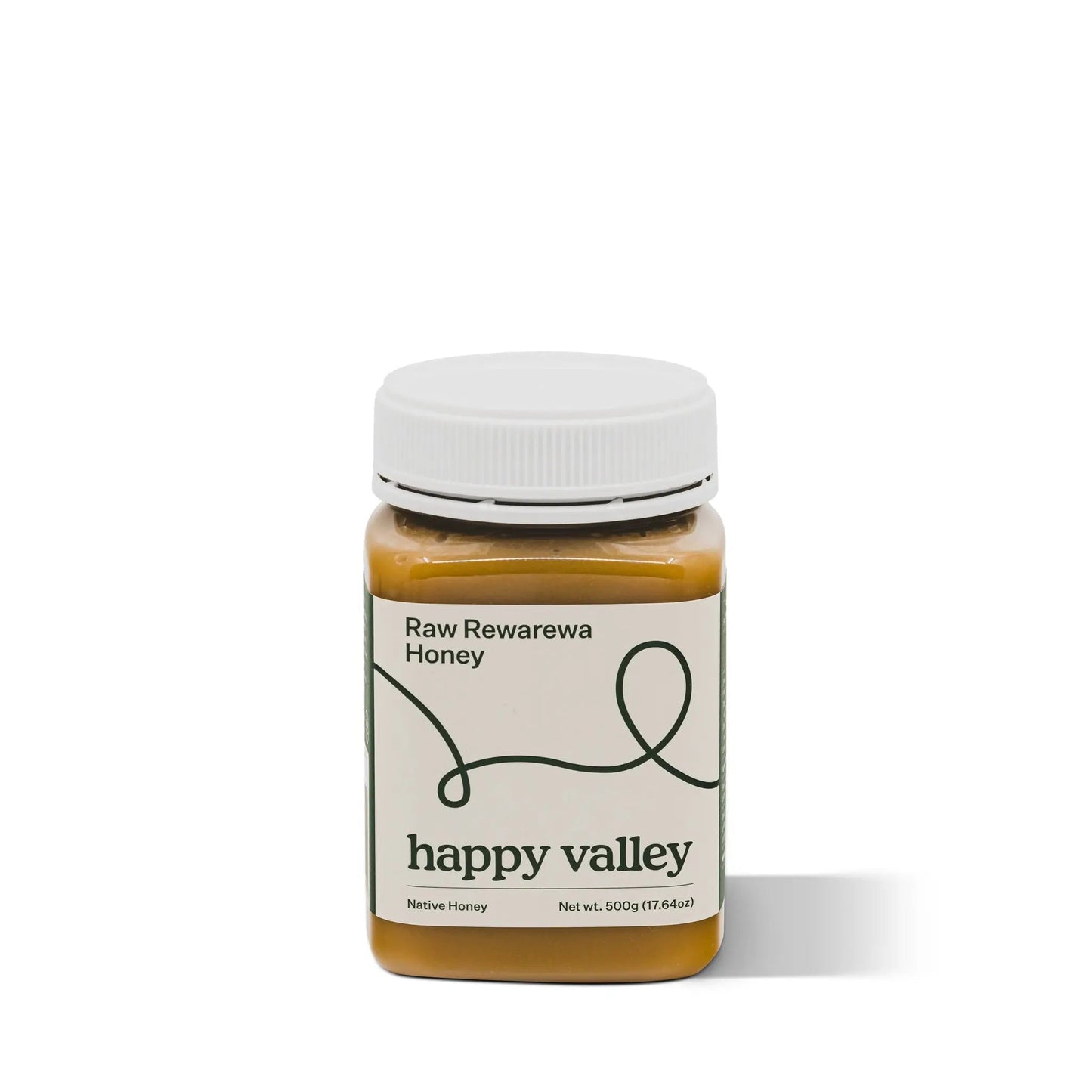 Jar of Rewarewa native honey from Happy Valley Honey, showcasing rich, golden raw honey with Rewarewa flower nectar.