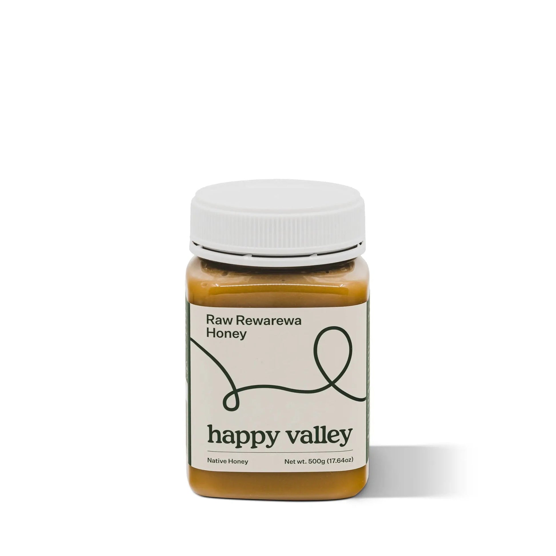 Jar of Rewarewa native honey from Happy Valley Honey, showcasing rich, golden raw honey with Rewarewa flower nectar.