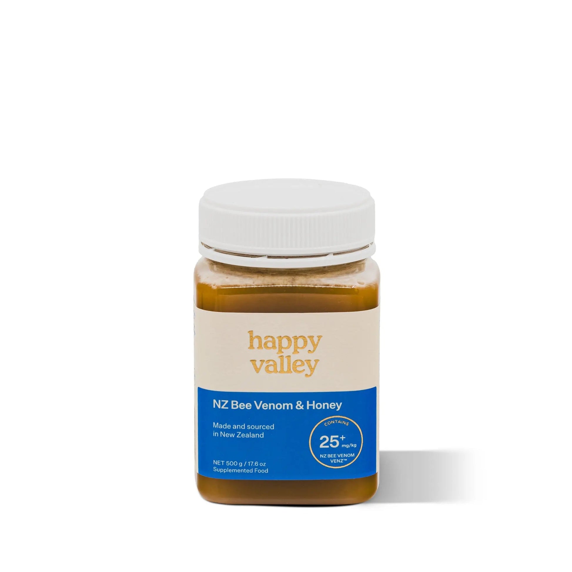 Jar of Happy Valley Honey bee venom supplement featuring a honeycomb label and golden honey inside.