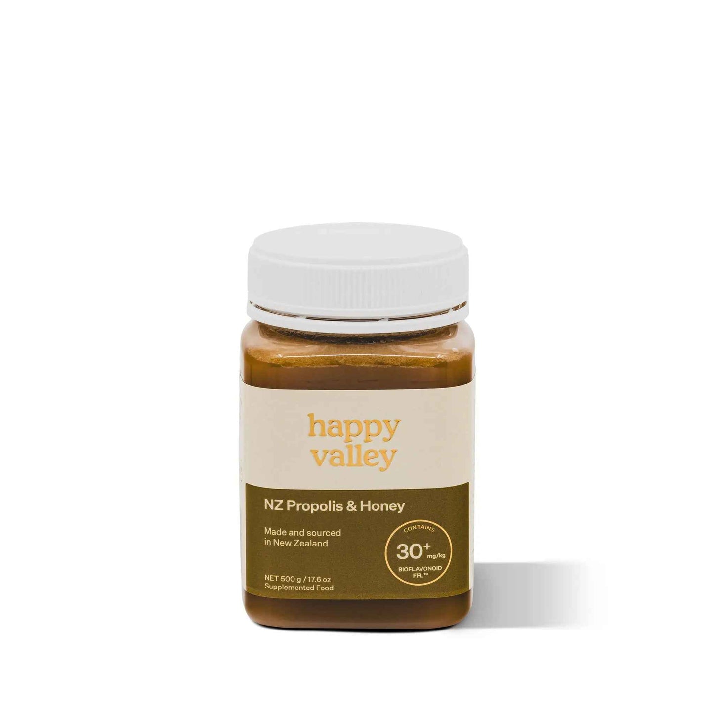 Close-up of a jar of Happy Valley Honey NZ Propolis & Honey, showcasing the product label with natural honey and propolis ingredients.