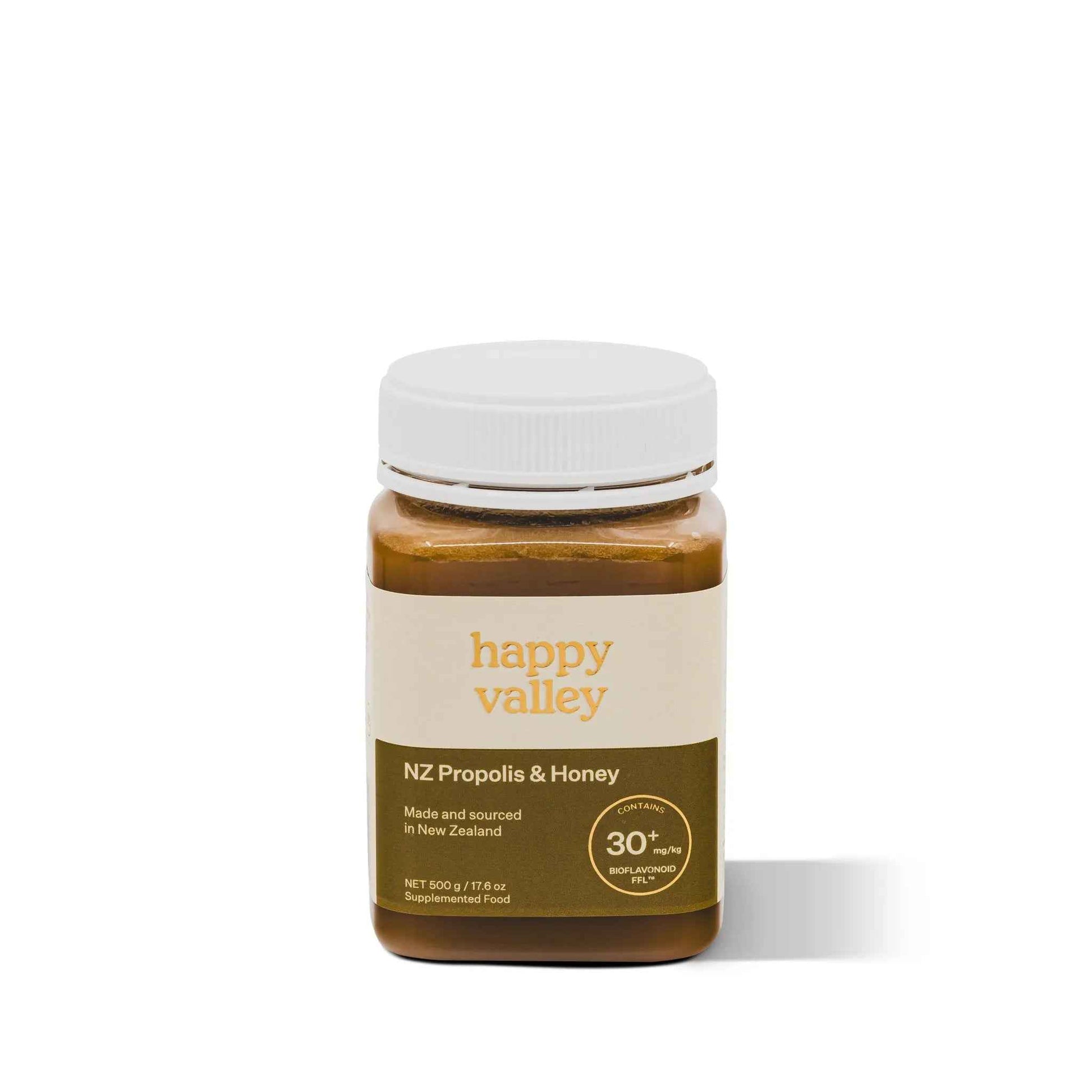 Close-up of a jar of Happy Valley Honey NZ Propolis & Honey, showcasing the product label with natural honey and propolis ingredients.