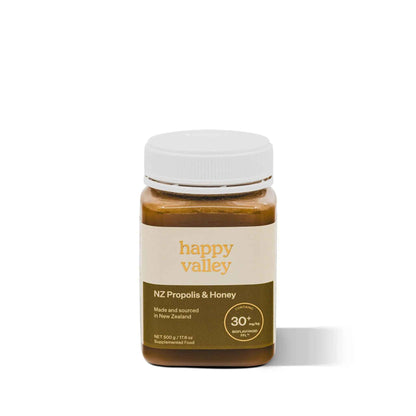 Close-up of a jar of Happy Valley Honey NZ Propolis & Honey, showcasing the product label with natural honey and propolis ingredients.