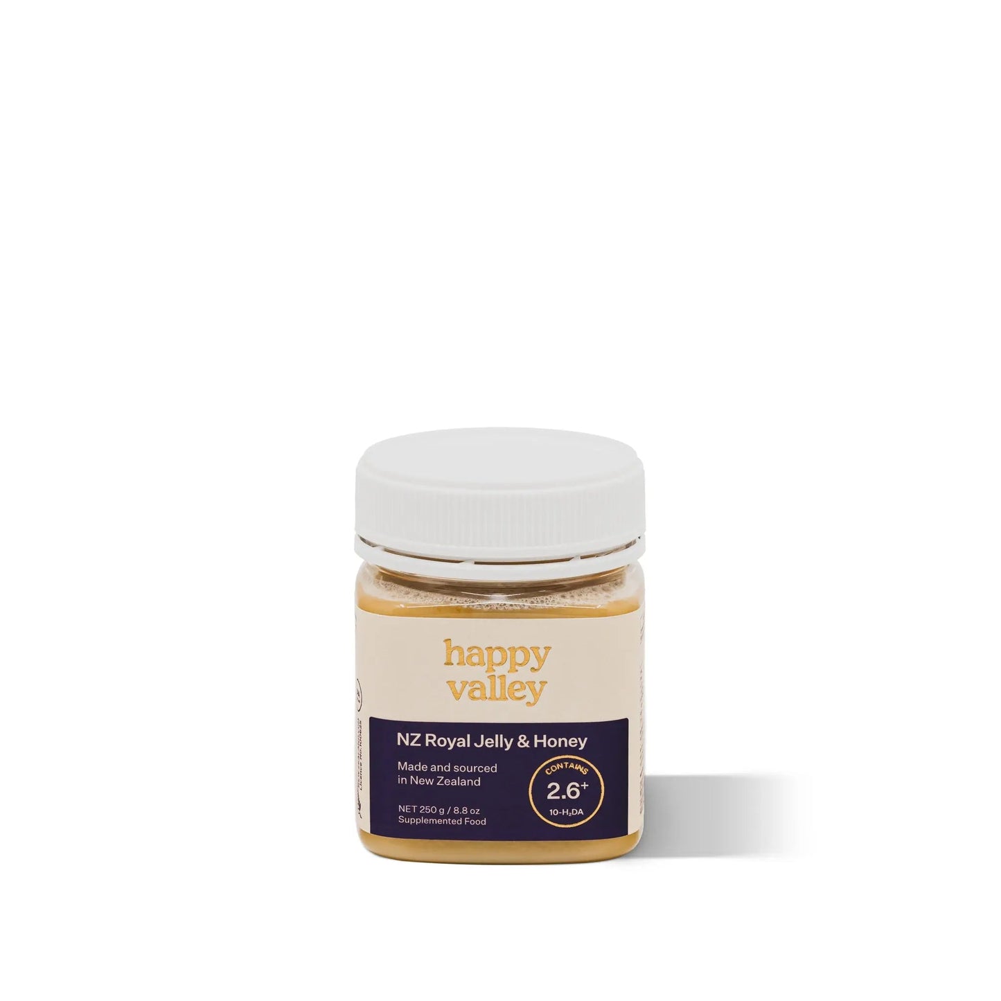 Jar of Happy Valley Honey royal jelly supplement with honey, featuring golden jelly and honeycomb on a white background.