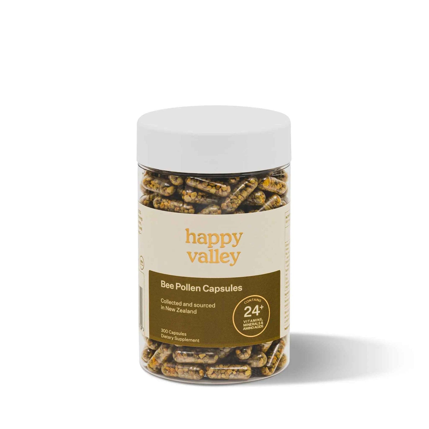 Close-up of Happy Valley Honey Bee Pollen Capsules 300, showing the yellow capsules in a blister pack on a white background.