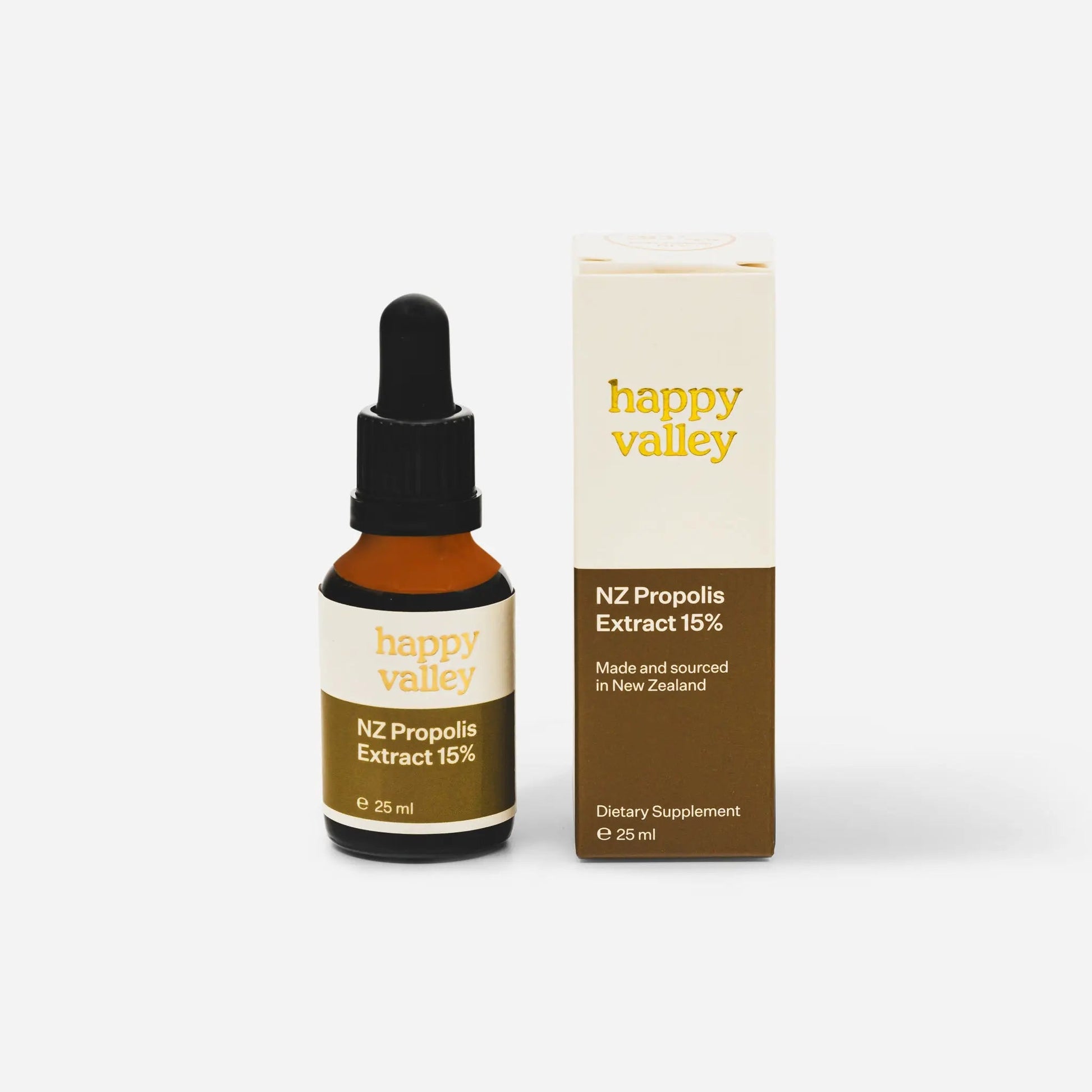 Close-up of a bottle of Happy Valley Honey Propolis Extract NZ with the label and natural extract inside