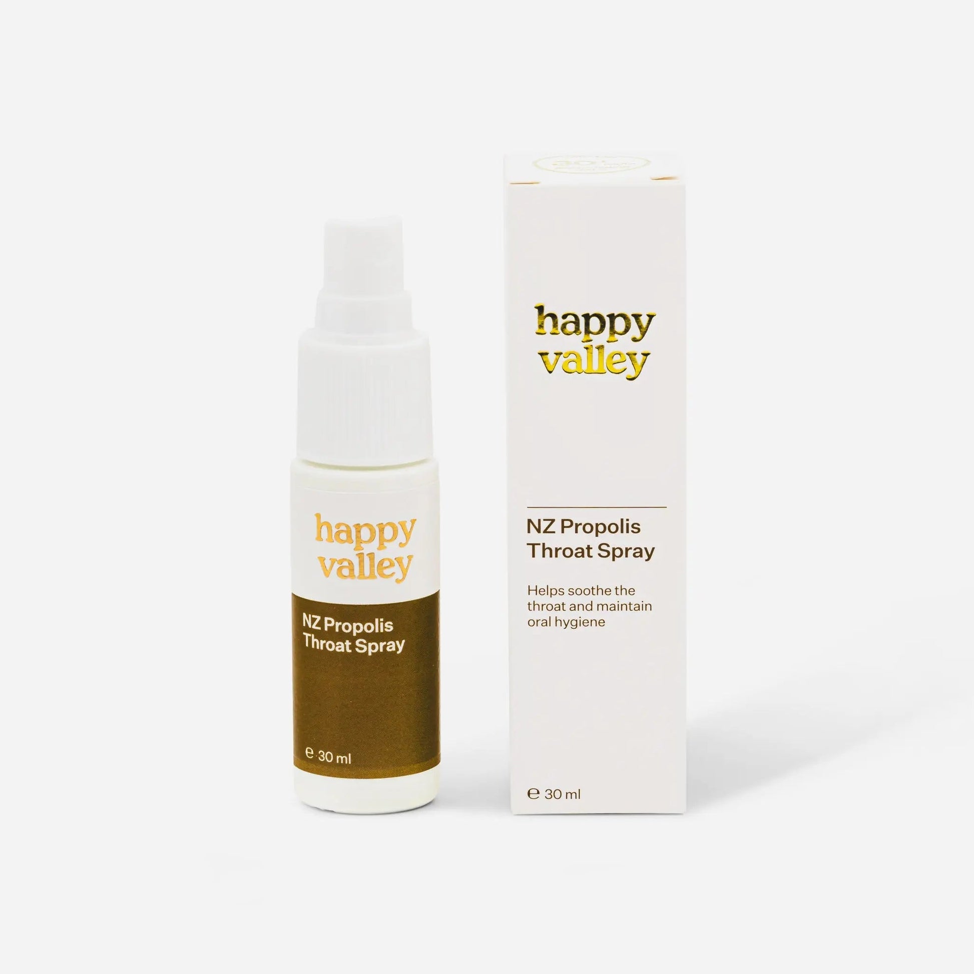 Happy Valley Honey NZ Propolis Throat Spray bottle with spray nozzle and label, natural remedy for sore throat relief.