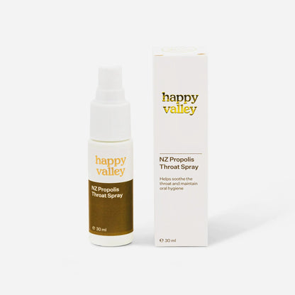 Happy Valley Honey NZ Propolis Throat Spray bottle with spray nozzle and label, natural remedy for sore throat relief.