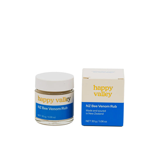 Natural bee venom rub in a jar from Happy Valley Honey, showcasing the product's packaging and texture.