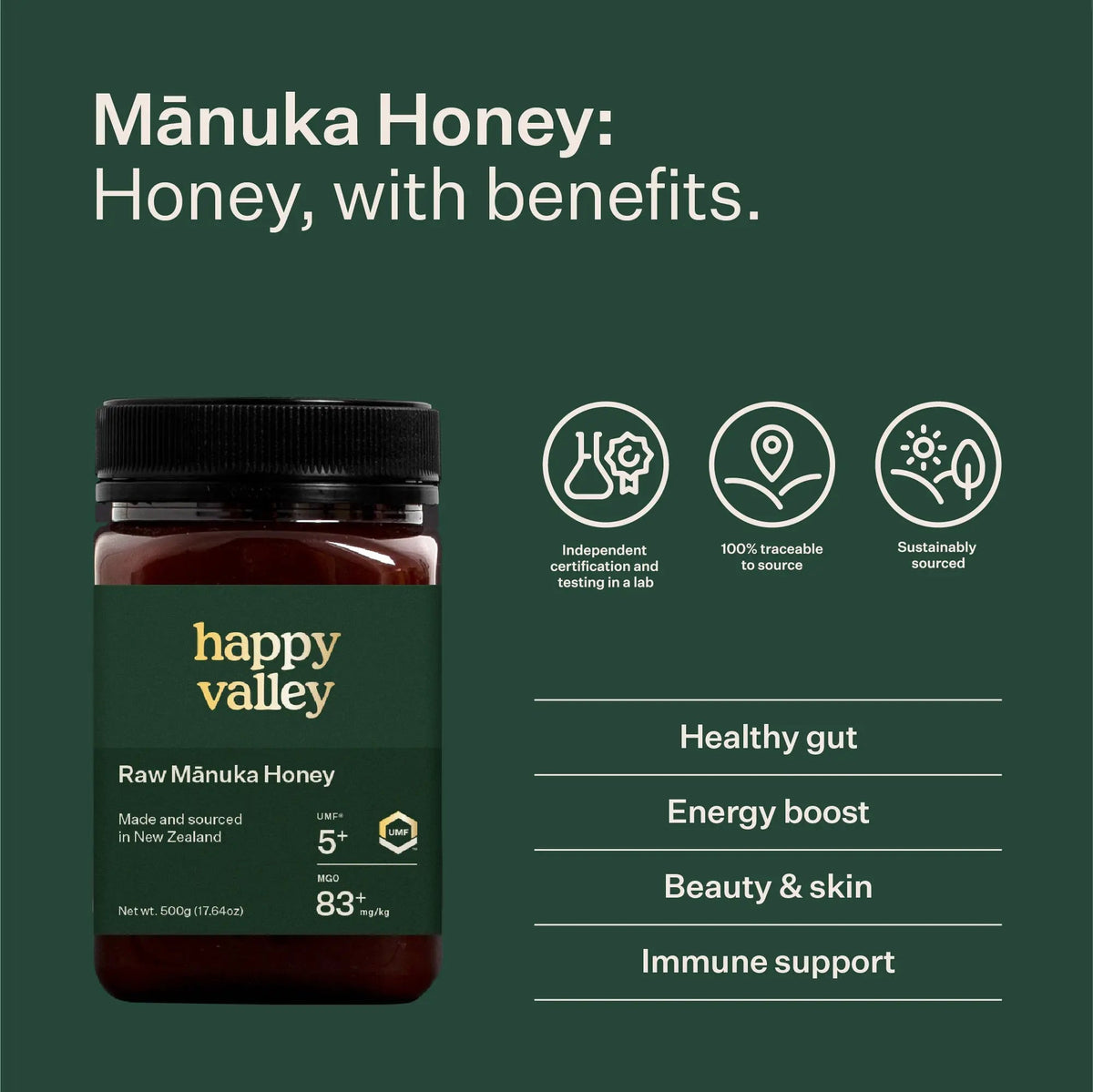 Jar of UMF 5+ Mānuka Honey from Happy Valley Honey, showing the golden honey inside a clear glass jar with a label.