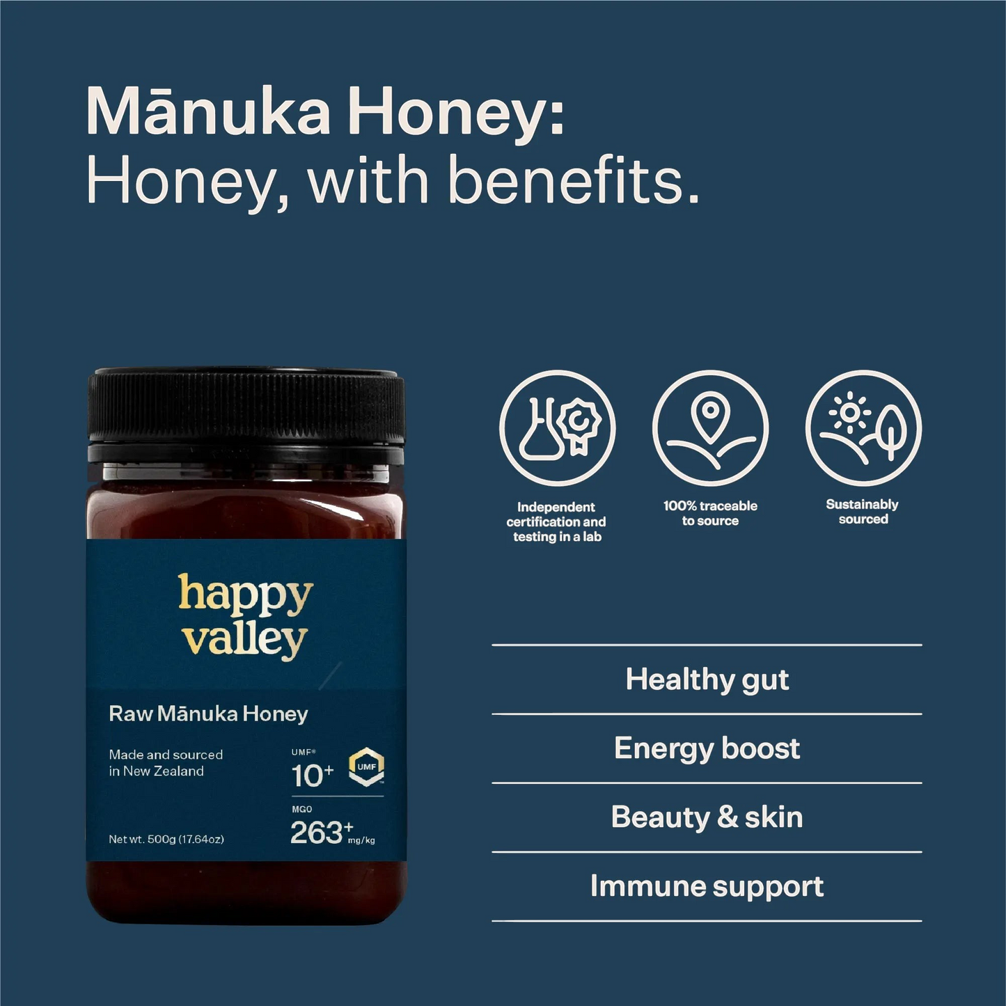 Jar of UMF® 10+ Manuka Honey from Happy Valley Honey showing the label and honey inside the jar.