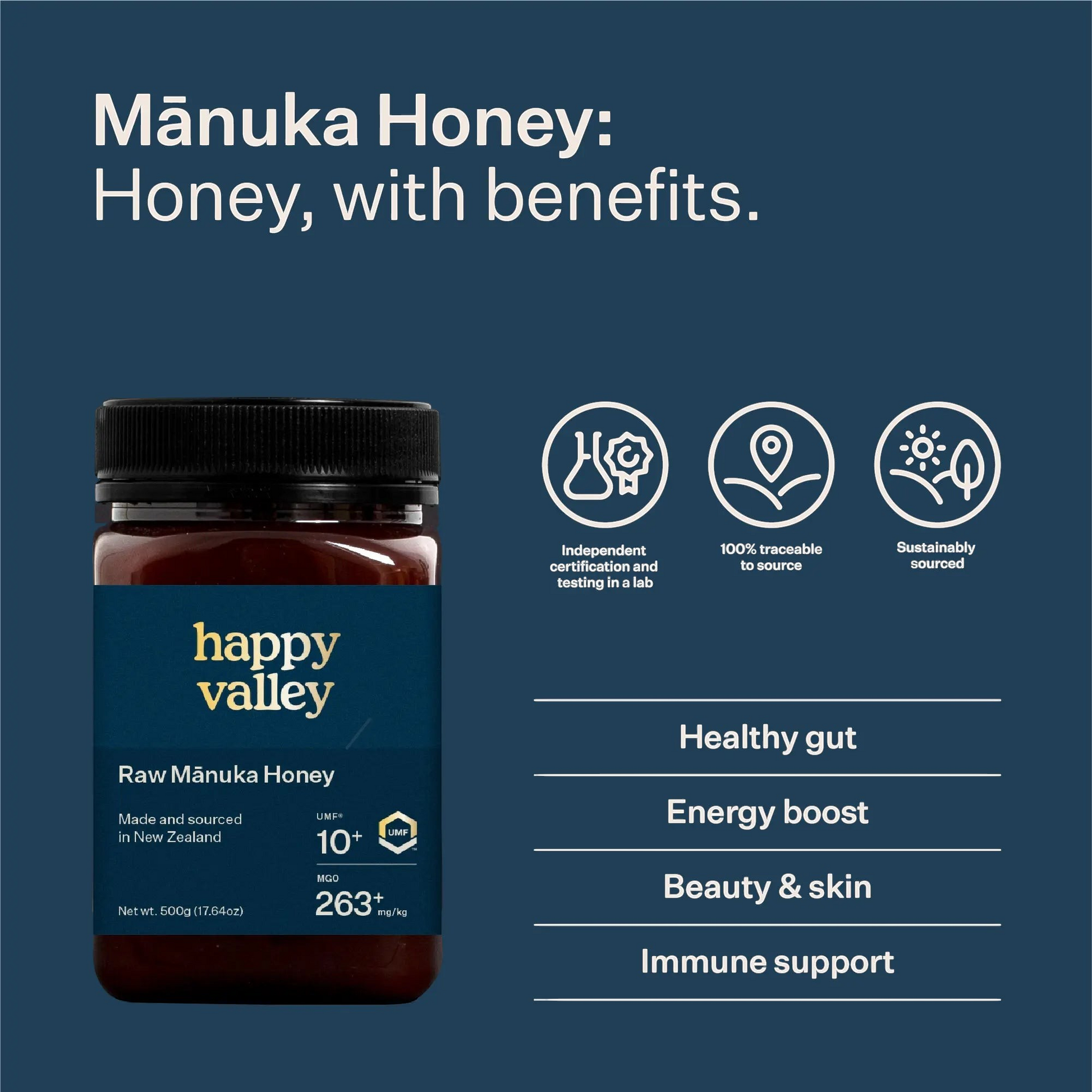 Jar of UMF® 10+ Manuka Honey from Happy Valley Honey showing the label and honey inside the jar.