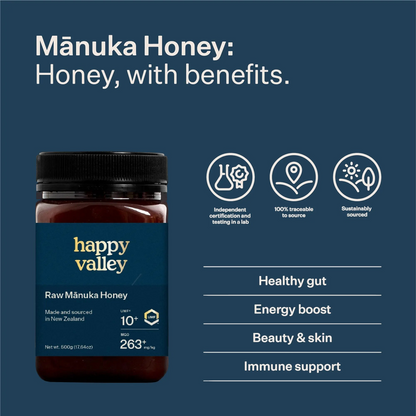 Jar of UMF® 10+ Manuka Honey from Happy Valley Honey showing the label and honey inside the jar.