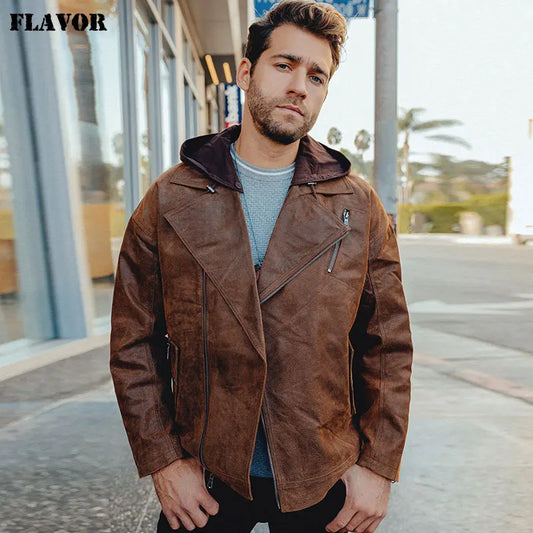 FLAVOR Men's Pigskin Leather Jacket with Removable Hood