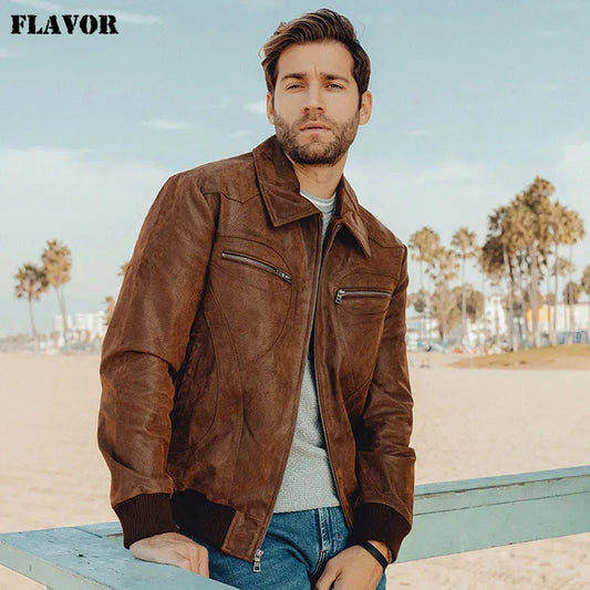 FLAVOR Men's Brown Pigskin Leather Turn-Down Collar Jacket