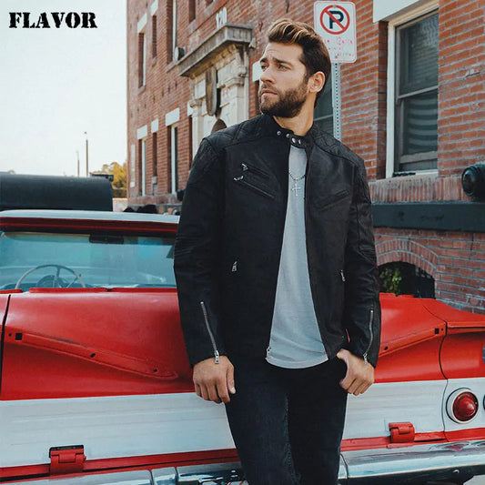 FLAVOR Men's Brown Pigskin Leather Stand-Collar Jacket