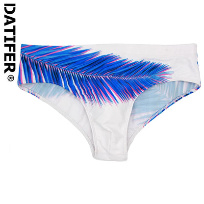 Men's low waist swim briefs with bold print design from DATIFER, featuring a sleek, form-fitting style for beach and pool wear.