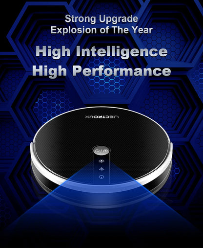 LIECTROUX LILIN C30B robot vacuum cleaner navigating hardwood floor with dustbin visible and sleek black design.