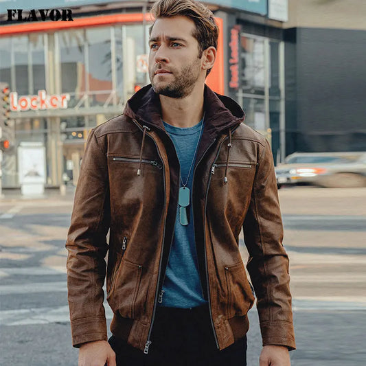 FLAVOR Men's Brown Pigskin Leather Jacket with Removable Hood