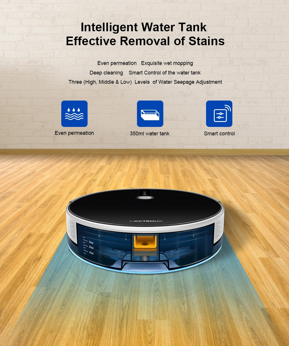 LIECTROUX/LILIN C30B robot vacuum cleaner cleaning hardwood floor with dustbin and control panel visible.
