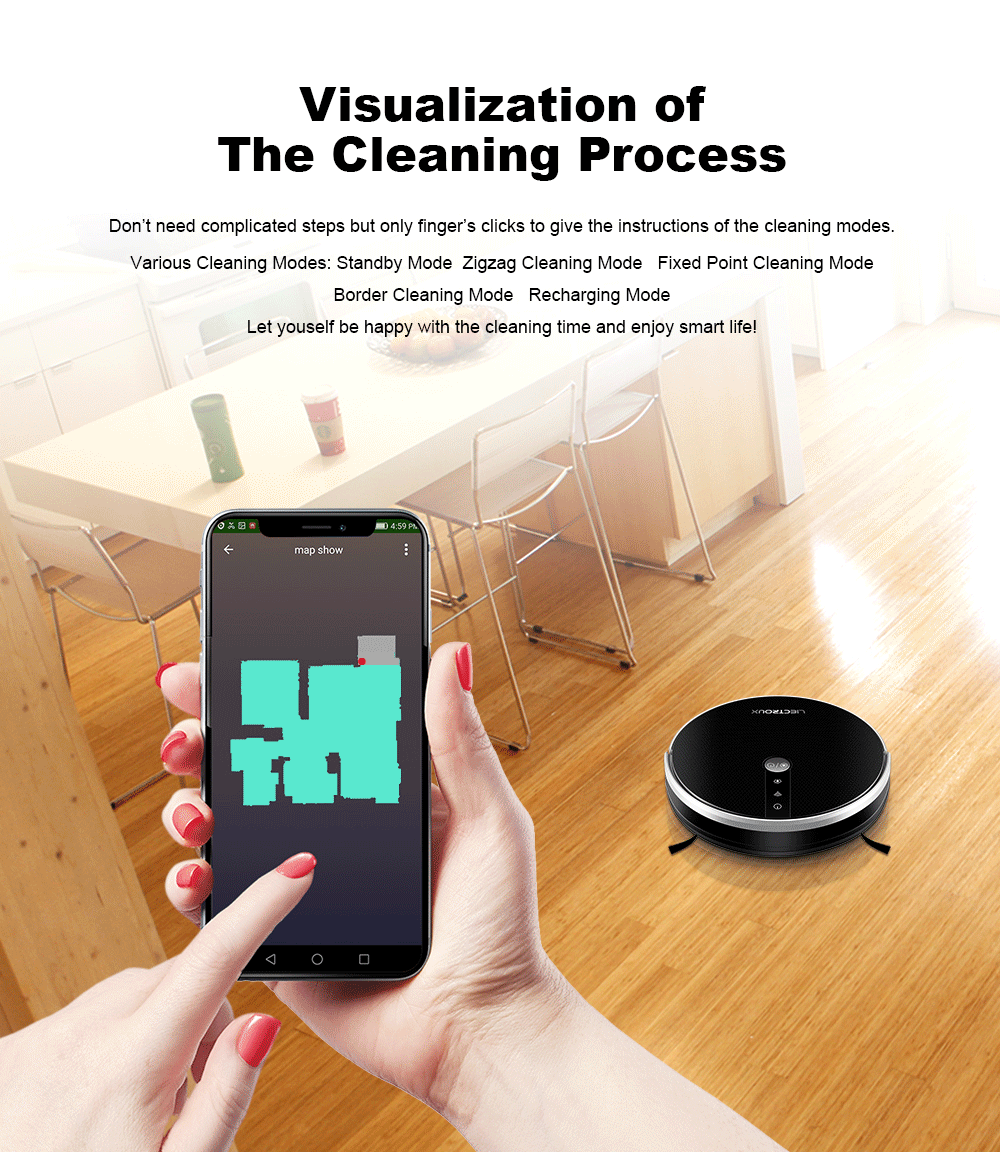 Liectroux Lilin C30B robot vacuum cleaner navigating across a modern tiled floor with a sleek design and compact shape.