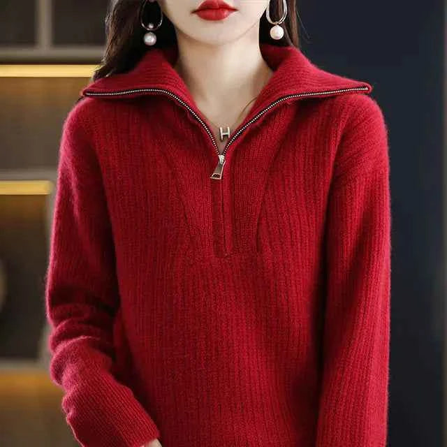 Women's 100% Merino Wool Thick Turtleneck Sweater - Zipper Front, Loose Fit | Winter Warmth