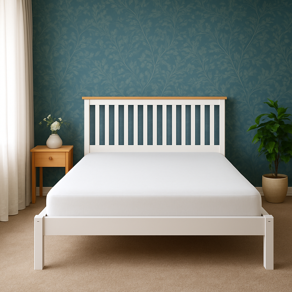 Hayes solid pine double bed frame by sue-e furniture with headboard and sturdy wooden construction on a bedroom floor setting.