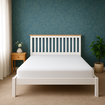 Hayes solid pine double bed frame by sue-e furniture with headboard and sturdy wooden construction on a bedroom floor setting.