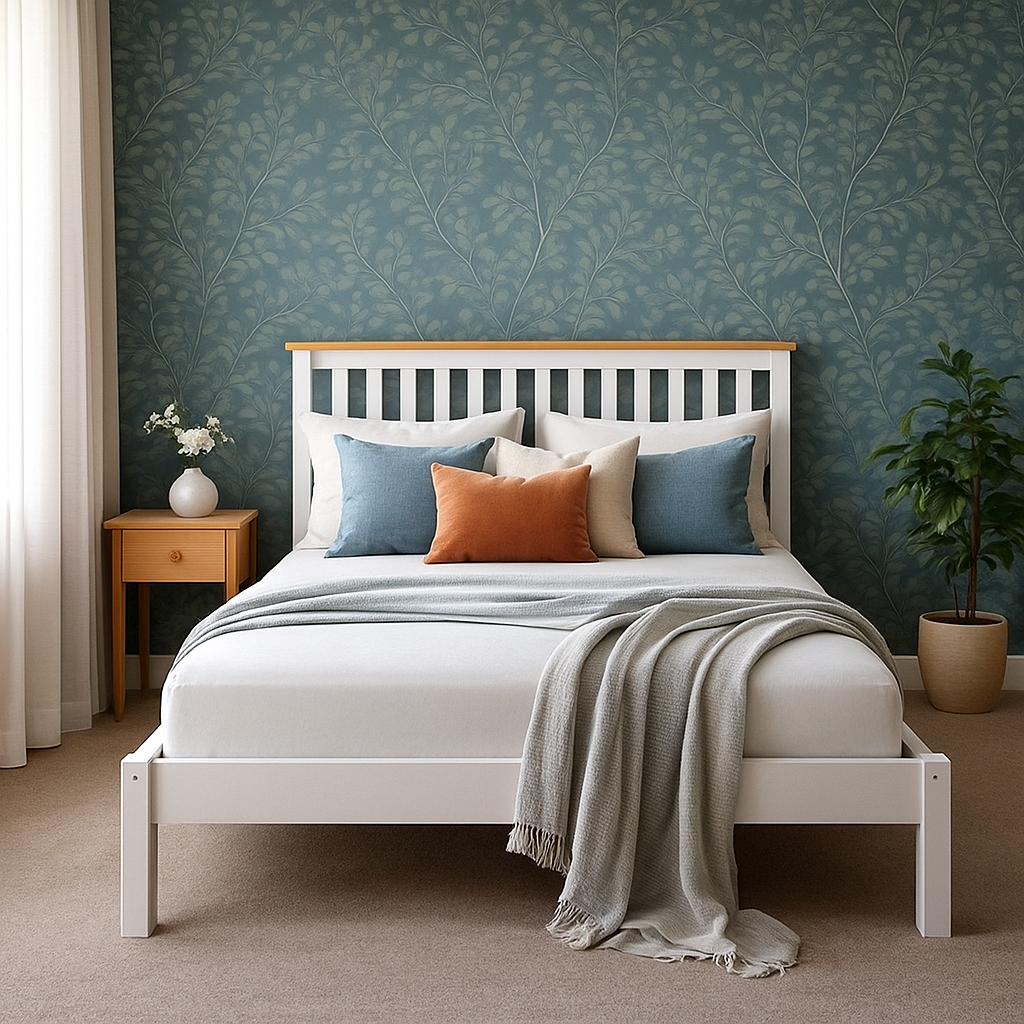 Hayes solid pine double bed frame by Sue-e Furniture, showcasing a sturdy wooden bed with clean lines and natural finish.