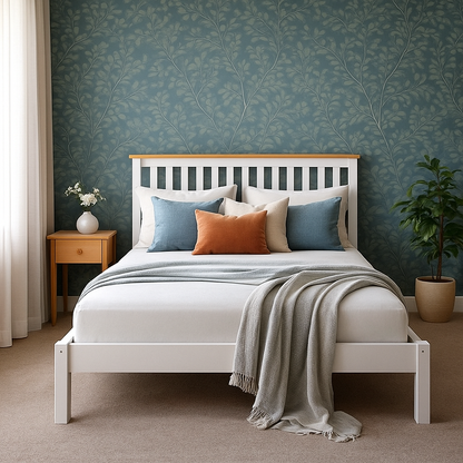 Hayes solid pine double bed frame by Sue-e Furniture, showcasing a sturdy wooden bed with clean lines and natural finish.