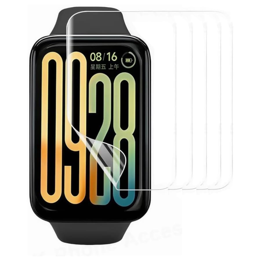 Hydrogel screen protector for Xiaomi Smart Band 9 Pro, pack of 6, in clear watch case with protective film visible on the band screen
