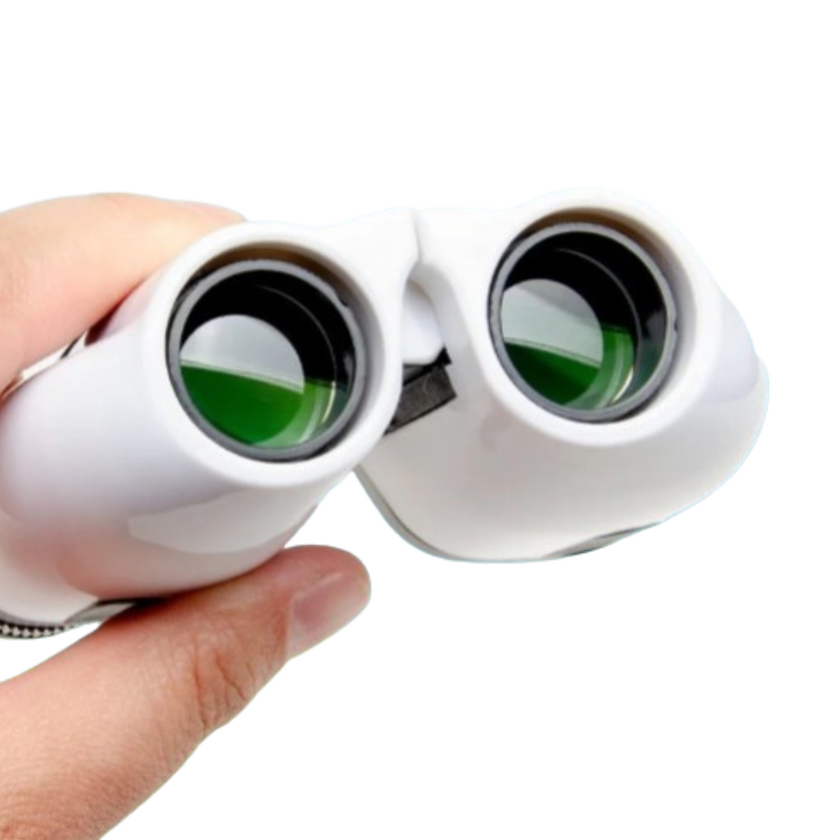 Habicare foldable compact binoculars with 10x22 magnification, black SS model, showing the portable, foldable design and lens details.