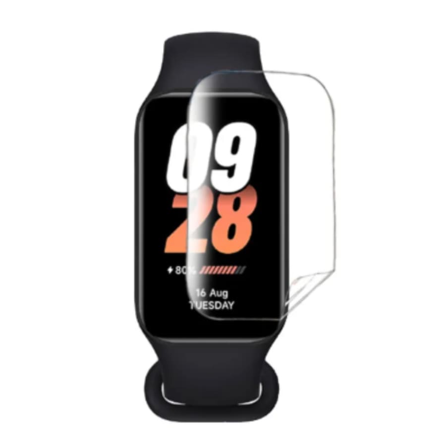 Hydrogel screen protector for Xiaomi Smart Band 8 Active and Redmi Smart Band 2, pack of 6, watch case showing protective film on band screen